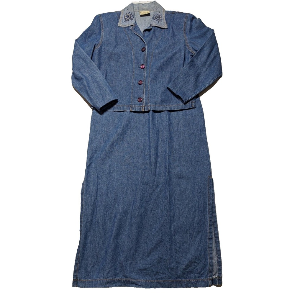 VTG MONIQUE‎ FASHIONS Women Size 4 Blue Floral Embroidered Denim Jacket & Dress